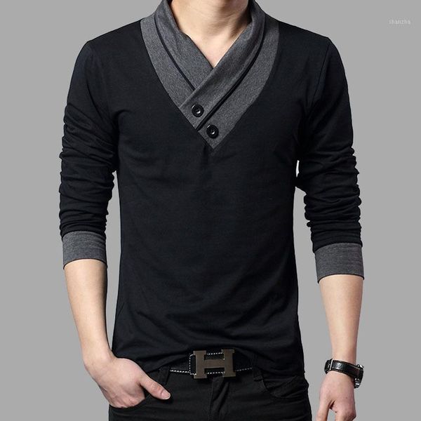 

2017 fashion brand trend slim fit long sleeve t shirt men patchwork collar tee v-neck men t-shirt cotton t shirts plus size 4xl1, White;black