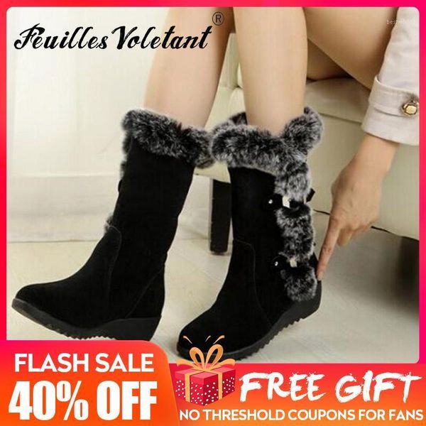 

boots feuilles voletant snow thick-soled set feet fur cotton wedge women's college mid-tube 1070501, Black