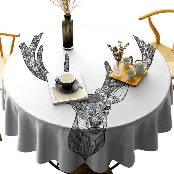 

round table cloths patterned deer head with big antlers ornamental monochromic illustration