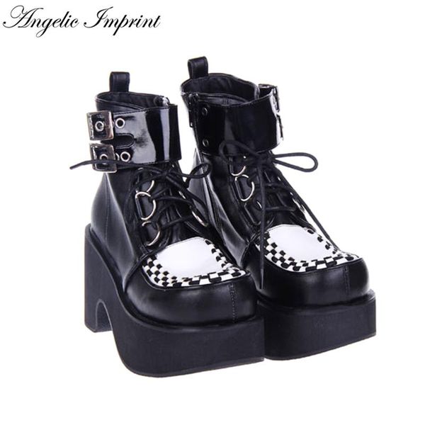 

boots women punk cosplay thick platform black & white lace-up buckle strap ankle