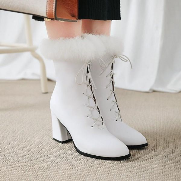 

pxelena 2020 winter ankle boots women black white lace up faux fur chunky block square high heels boots lady shoes fashion 34-43