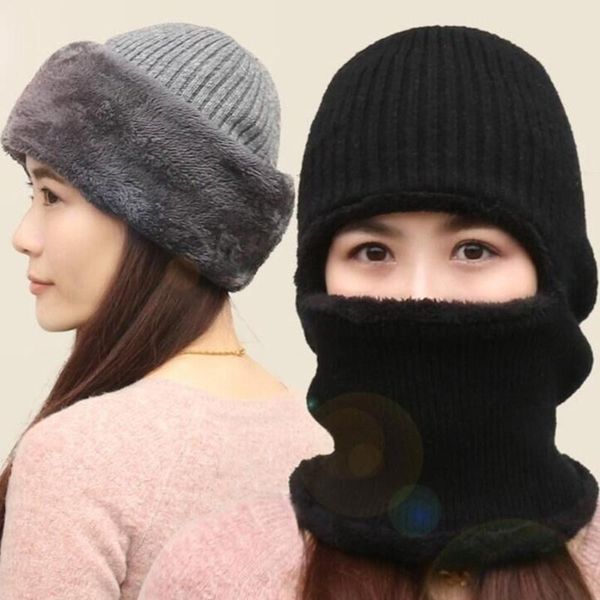 

men women winter ribbed knitted balaclava beanie hat outdoor cycling plush lined thermal warm ski face cover neck gaiter