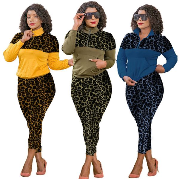 

womens designers tracksuits leopard patchwork long sleeve lapel neck t shirts casual sports pants plus size women 2 piece outfit, Gray