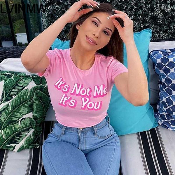 

women's t-shirt lvinmw pink casual cotton letter print o neck crop 2021 skinny short sleeve t shirt female streetwear club spr, White