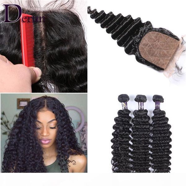 

3 bundles deep wave with silk base closure peruvian indian malaysian brazilian hair bundles unprocessed deep wave virgin hair extensions, Black