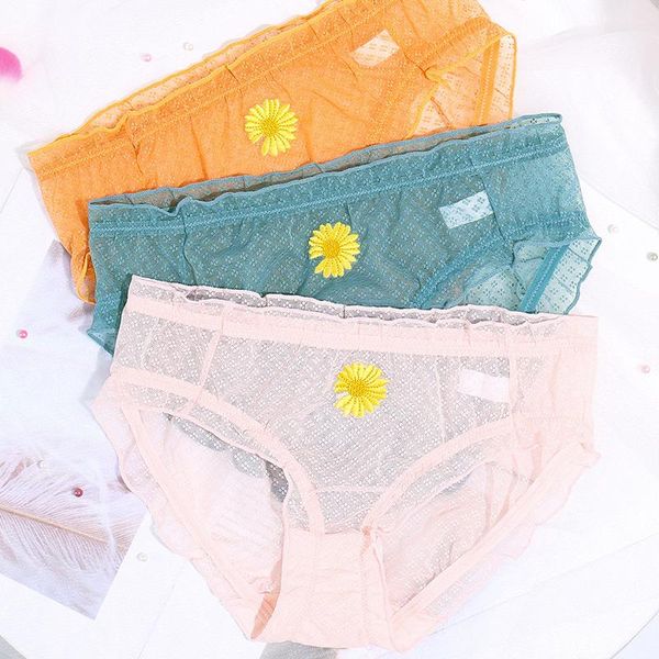 

kawaii women's lace panties ultra thin mesh panty summer breathable cotton briefs women flower embroidery cute underwear 49, Black;pink