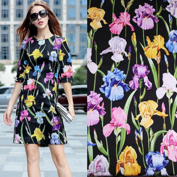 

colorful tulips printed soft silk satin fabric tissu,polyester silk fabric for women dress imitate tissu 145cm width1, Black;white