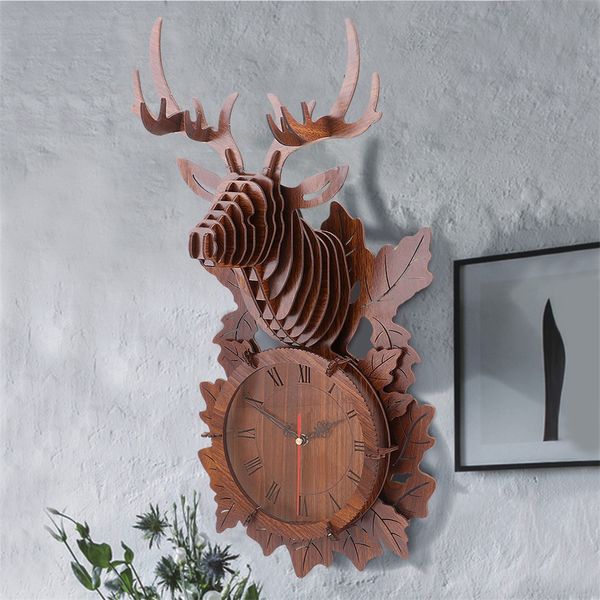 

diy wooden clock puzzle model kit laser cutting 3d deer wall hanging clock black walnut/oak color gifts