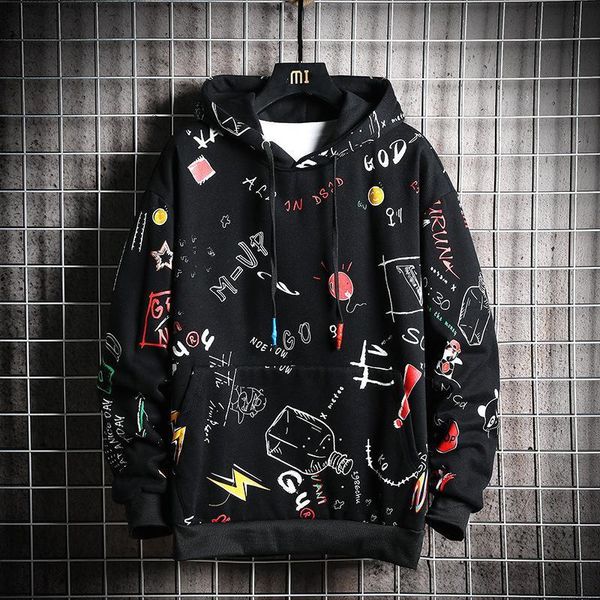 

men's spring hoodies men letter graffiti hooded sweatshirt male hip hop harajuku japanese streetwear black yellow hoodie coat