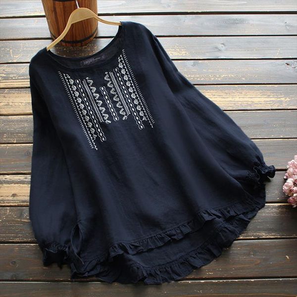 

zanzea 2021 kaftan embroidery womens autumn blouse casual long sleeve shirts female o neck ruffle plus size tunic, White