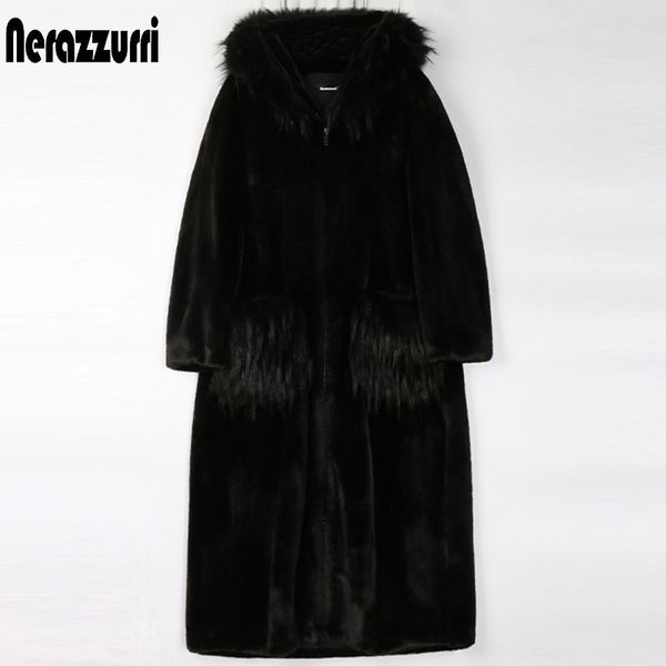Nerazzurri Kış Uzun Siyah Kabarık Faux Kürk Kadın Tilki Kürk Trim Hood Cepler Ile Fermuar Raglan Kollu Artı Boyutu Moda 201029