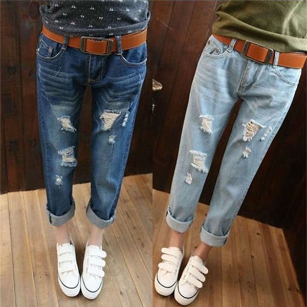 

ripped jeans women's slim legged capris loose harem pants large size 17 spring fashion, Blue