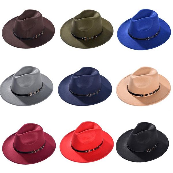 

imixlot new elegant fashion wide brim belt buckle jazz fedora hats women men charm autumn winter outdoor warm felt hat, Blue;gray