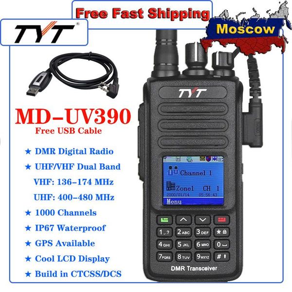 

tyt dmr digital walkie talkie md-uv390 ip67 waterproof dual band uv transceiver gps optional upgrde of md-390 with usb cabl