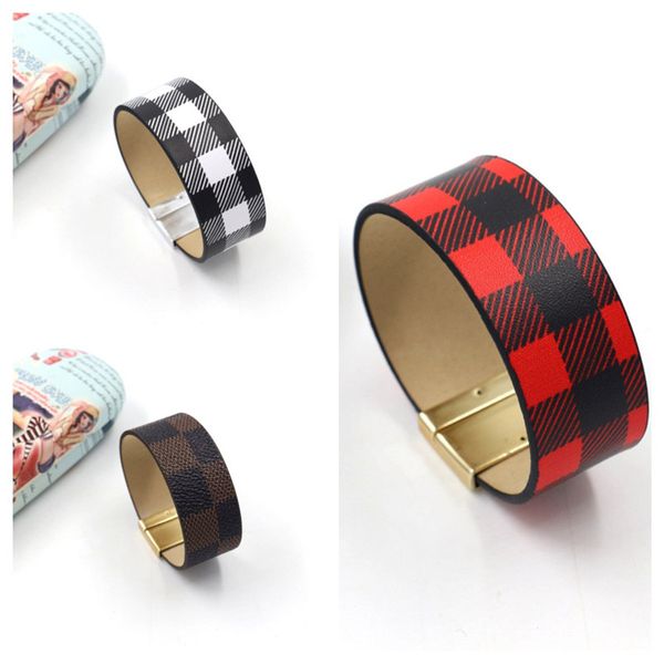

buffalo plaid pu leather bracelet women's black red checkered wrist band girls black white plaids diy retro wristlet wide bangle e12070, Red;brown