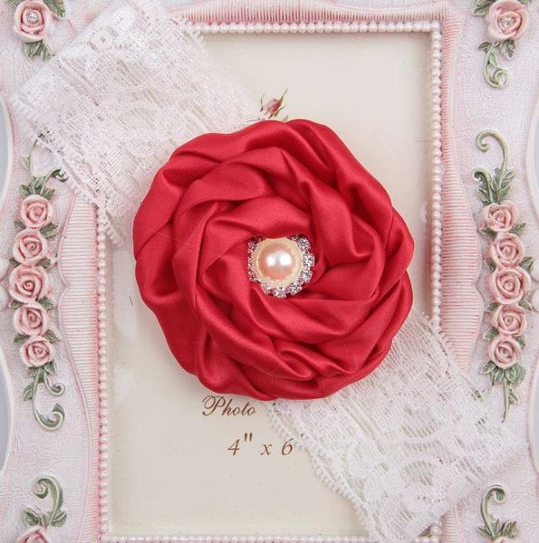 

fashion rose flower with pearl rhinestone center baby girls elastic lace headband newborn toddler infant headwear cute gifts sqcigy, Slivery;white