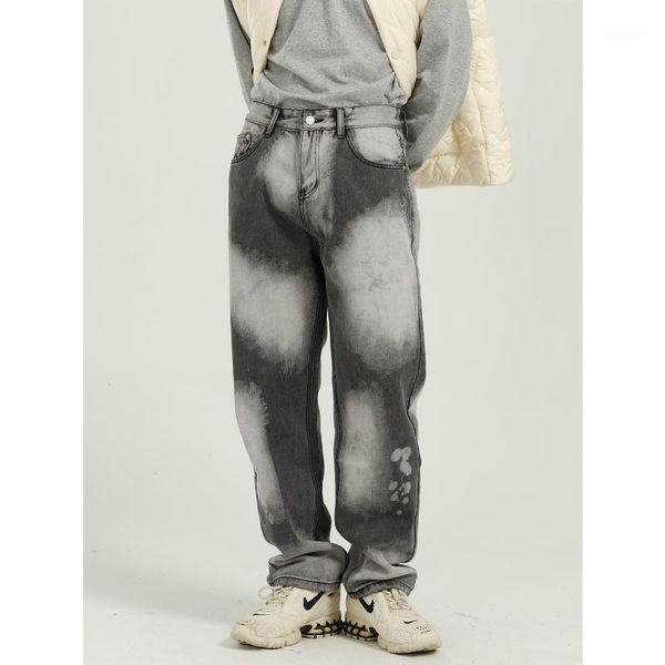 

men tie dye gray retro casual straight jeans pant male streetwear hip hop vintage denim pant trousers1, Blue
