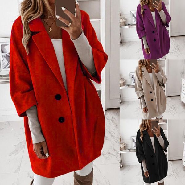 

jacket women's 2020 long-sleeved coat solid color woolen pocket single-breasted button casual fashion long female clothing 1pc, Black;red