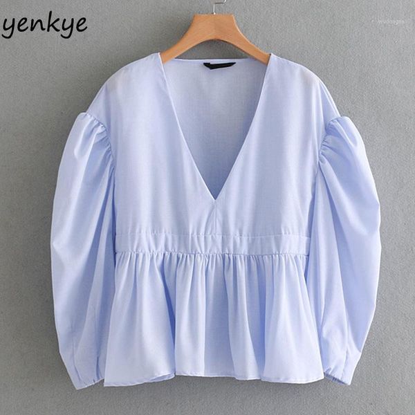 

women folded ruffle blouse v neck puff sleeve blue shirt peplum summer crop blusas xngc92061, White