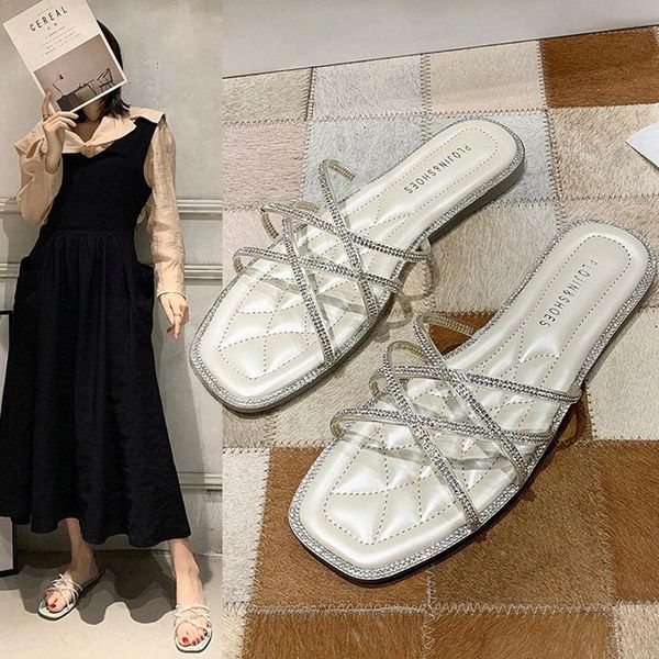 

bling woman sandals 2020 rhinestone flat sandals summer shoes woman fashion crossed thin bands sweet outdoor slip-on slippers #3n1j, Black