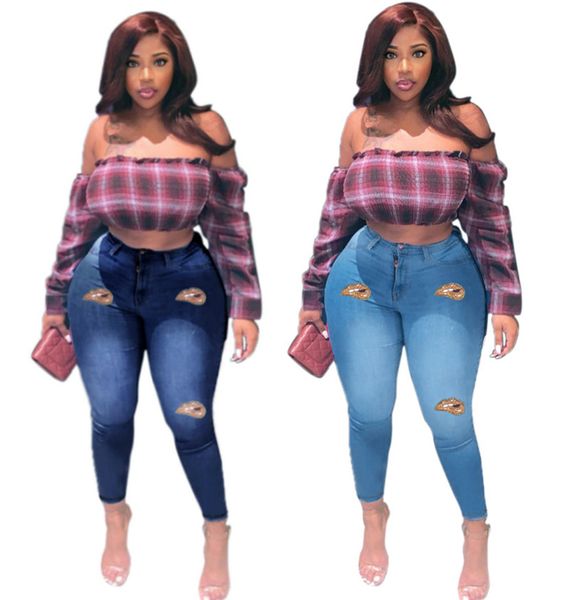 3XL 4XL 5XL Frauen größere Größe blaue Jeans dehnbar Plus Größe Denim Hosen Mode Bleistift Hosen trendige dunkelblaue Leggings DHL SCHIFF 4345