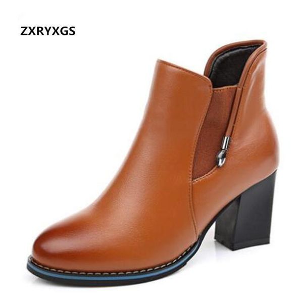 

boots british style women autumn genuine leather shoes high heel ankle plus velvet warm snow woman winter, Black