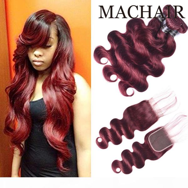 

3 4 bundles brazilian body wave bundles with closure 4*4 lace closure 99j burgundy red brazilian human hair weave bundles with closure, Black;brown