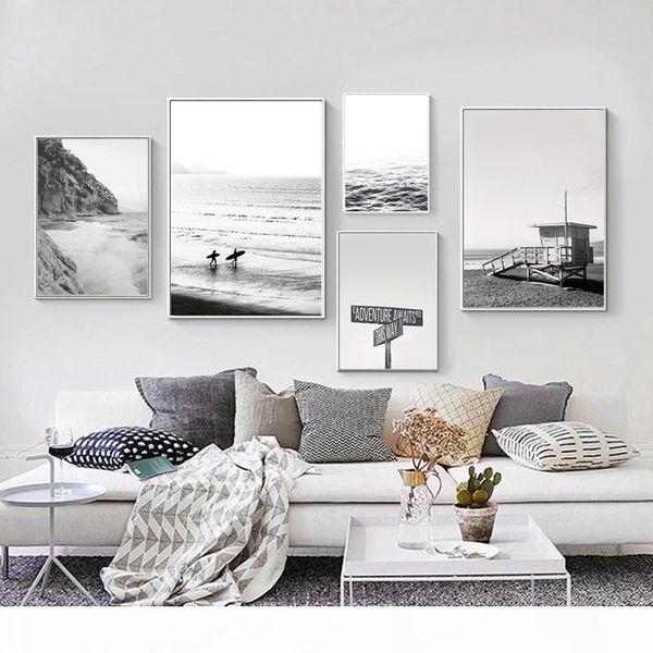 

nordic black white wharf coastline landscape wall art canvas poster minimalist print painting decorative picture for living room