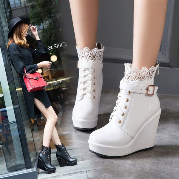 

2020 female autumn platform for high-heeled ankle fashion round-foot toe lace winter boots short-booted ladies shoes, Black