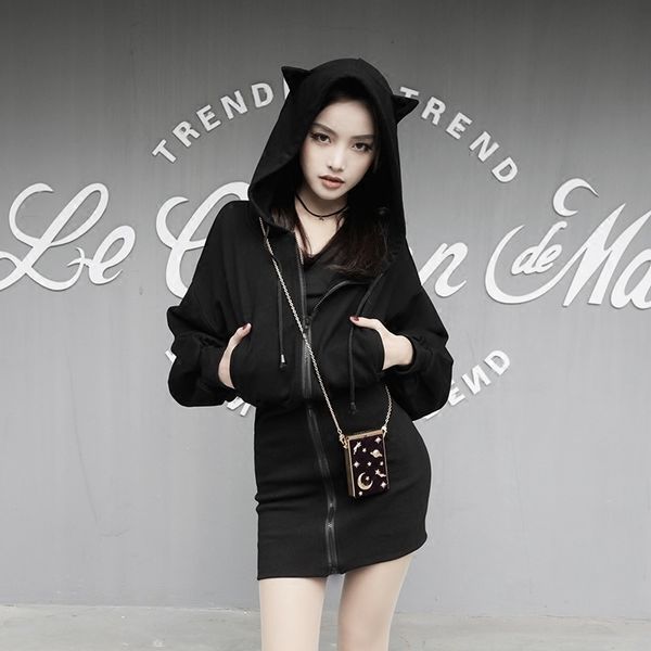

pentagram zipper cute cat ears moon print hoodie long sweatshirt black women punk gothic hoody ladies autumn slim jacket y200610