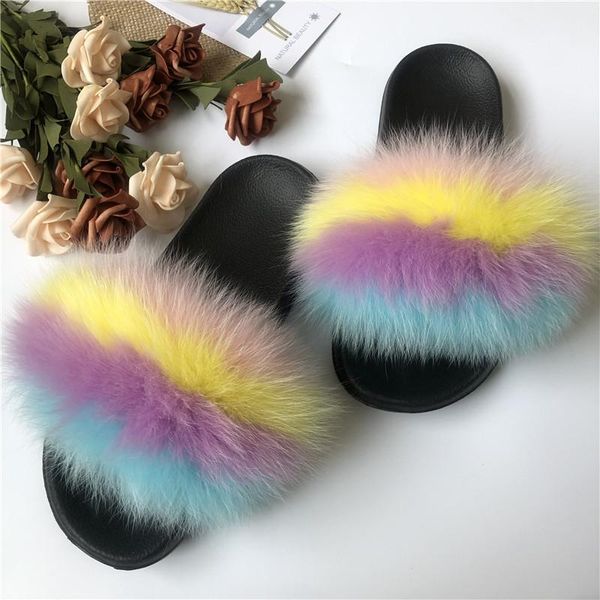 

girl's solid color fur slides women home furry fur sandals ladies fashion slippers casual luxury fluffy flip flops1, Black
