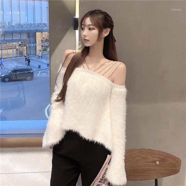 

chain strape mohair women sweater pullovers solid flare sleeved loose short new design pulls 1, White;black