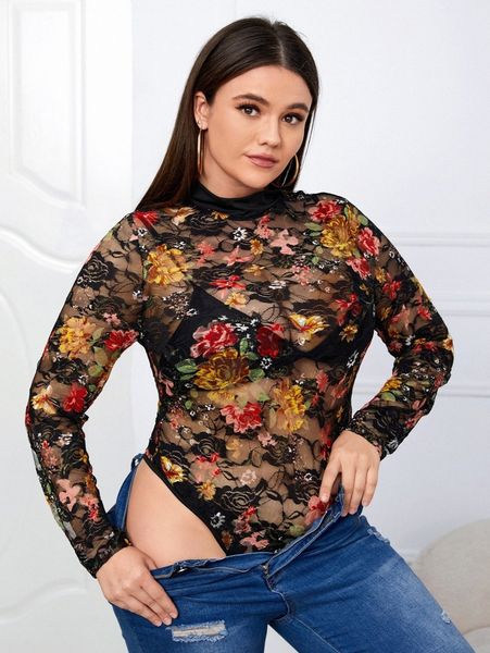 

plus floral lace bodysuit without lingerie u84z#, Black