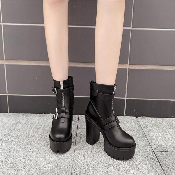 

boots ymechic 2021 autumn punk gothic womens shoes buckle strap square high heel platform front zipper black goth ankle bootie