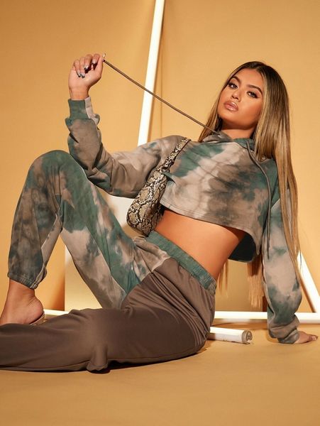 

sxy tie dye drop shoulder crop drawstring hoodie 283h#, White;black