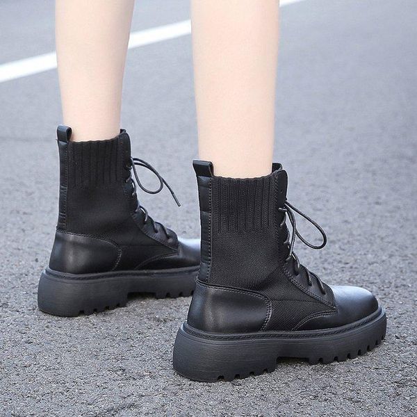 

boots women 2020 new korean style wild fashion british style lace-up thick-soled motorcycle short boots, Black