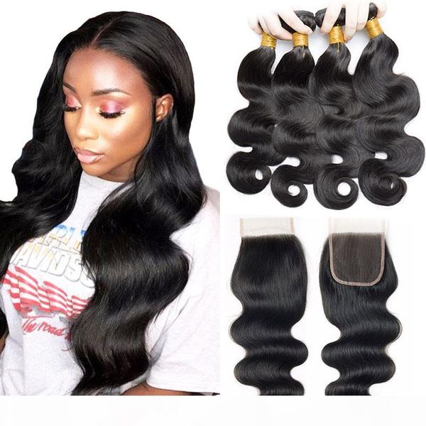 

4 pieces body wave brazilian virgin hair bundles with closures 7a grade natural black human hair weave brazilian hair bundles