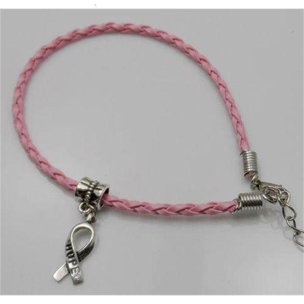 

factoryaogppendant 100pcs/lot hope breast cancer awareness ribbon charm leather rope cham fit for european bracelet handmade craft
