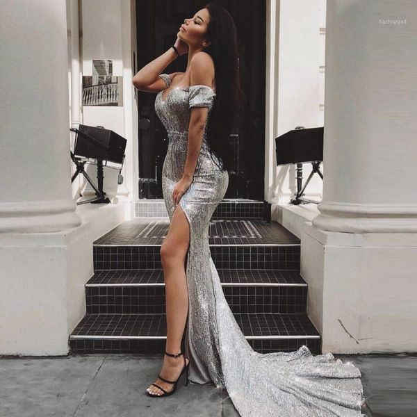 

off the shoulder silver sequined evening dress backless split leg prom dress floor length boat neck wedding party1, White;black