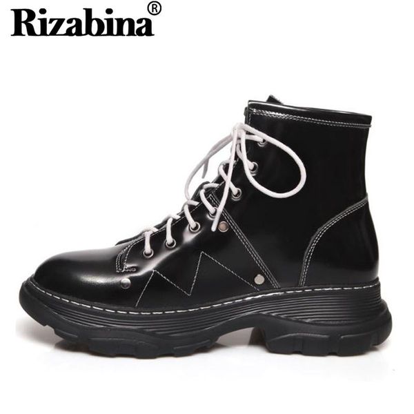 

boots rizabina women winter brand ankle real leather fashion motorcycle round toe shoes woman size 34-43, Black