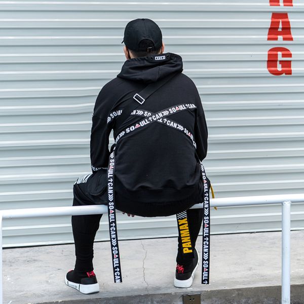 

nieuwe stijlvolle trend straat punk volledige mouw zwarte linten mannen с капюшоном толстовки hip hop herfst losse mannelike hoodies, Black;white