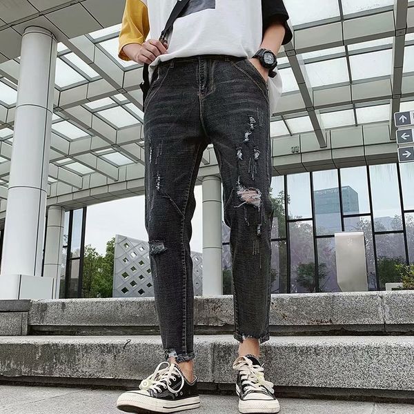 

jeans men's pants four seasons 2021 korean fashion slim fit small foot middle waist holed quarter jeans, Blue