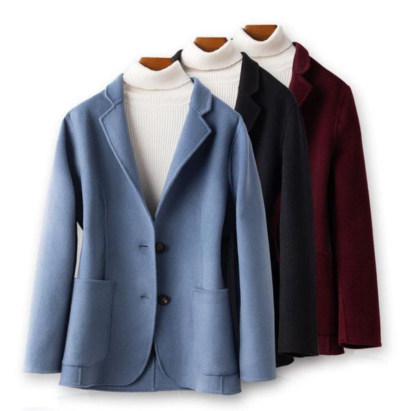 

men's wool & blends 2021 solid color autumn winter double faced coat short woolen suit collar casual, Black