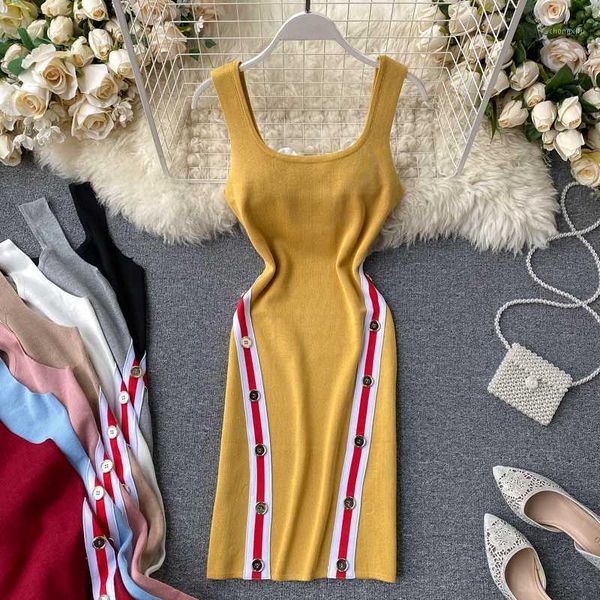

2020 summer dress casual chic sleeveless knitted bodycon dress black club korean style white1, Black;gray