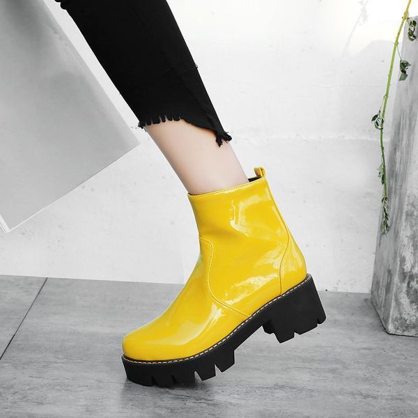 

fashion patent yellow purple block high heels boots date party womens shoes gothic platform ankle boot winter big size1, Black