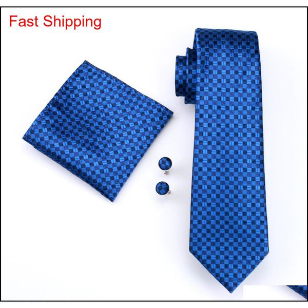 

mens blue check silk tie hankerchief cufflinks set jacquard woven mens necktie set business work formal meet qyluvw beauty888, Black;blue