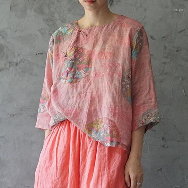 

johnature 2020 summer new fashion retro plate buckle floral print three quarter sleeve thin shirt loose all-match women 1, White