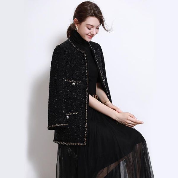 

women's wool & blends tweed short heavy woolen coat, Black