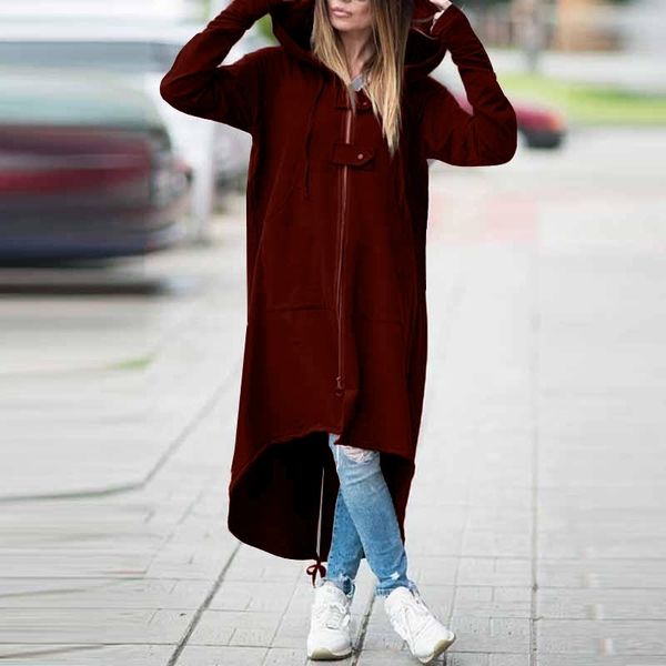 

fashion casual long hoodies zipper jacket autumn winter hooded sweatshirt coat womens hoodie streetwear outwear plus size 5xl y200610, Black
