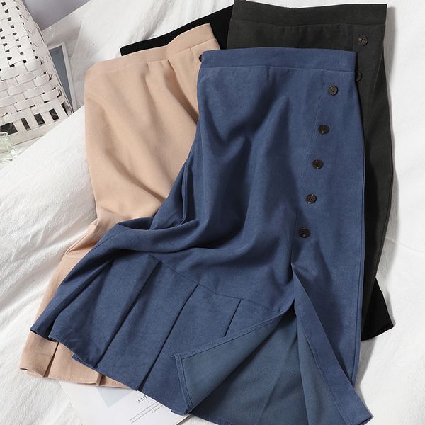 

elegant retro sweet pleated skirt female fashion buttoned split skirt autumn all-match korean over-the-knee midi skirts women y1214, Black